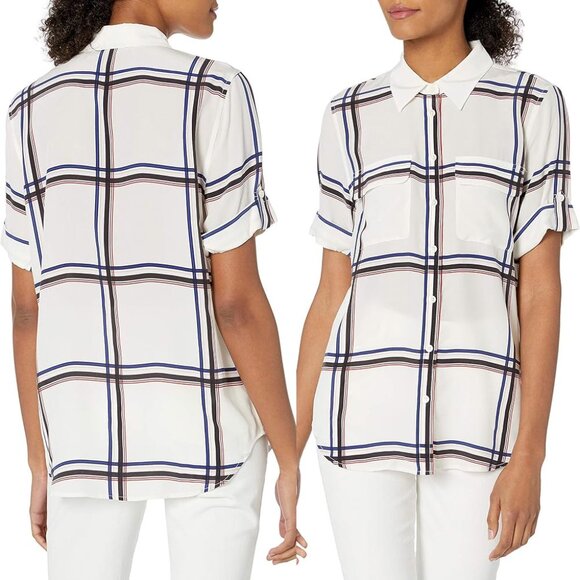 Equipment Femme 100% Silk Short Sleeve Silk Engineered Large Marais Plaid Shirt - Picture 4 of 16